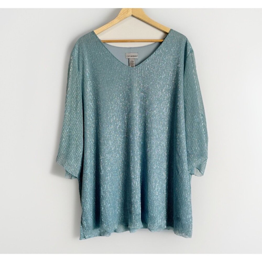 Catherines Shimmer Seafoam Blue Top Womens 3X 3/4 Sleeves Coastal Glam Resort